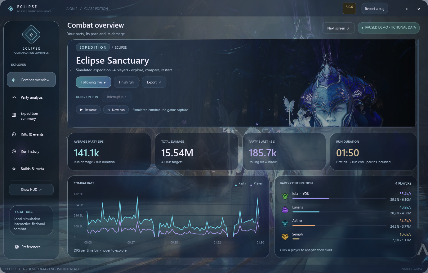 Combat — Eclipse AION 2 DPS meter, Windows client, demo data